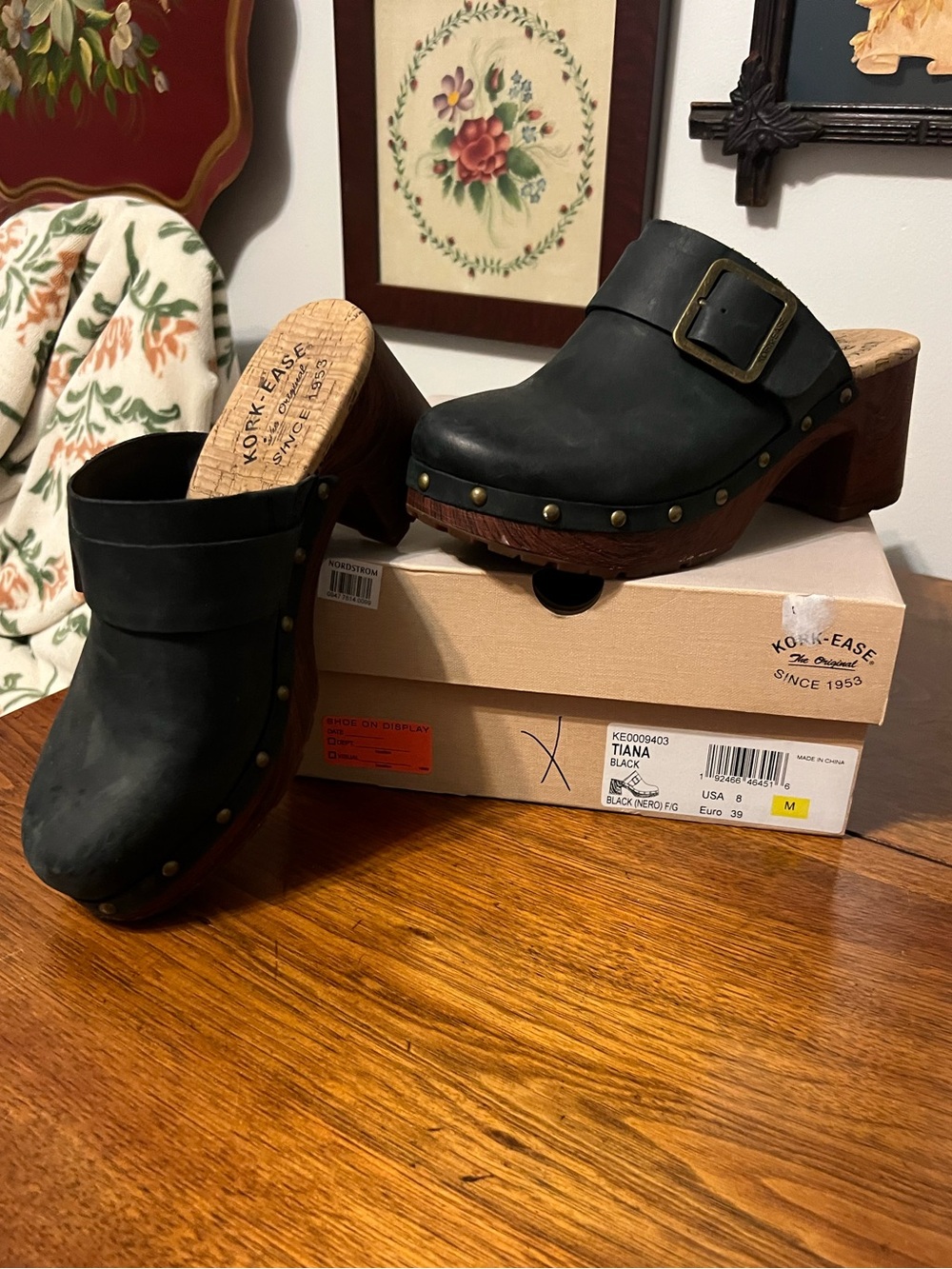 Kork-Ease Black Leather Studded Clog Mule with Buckle Detail